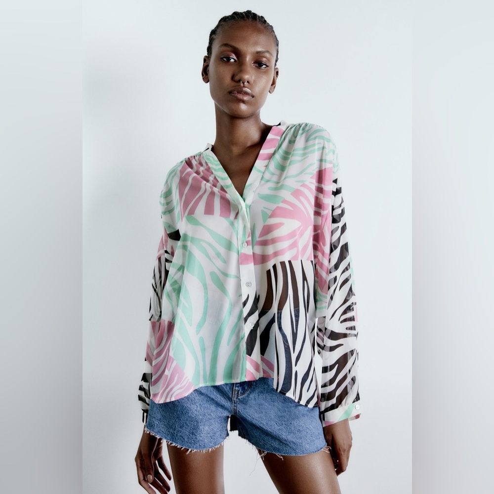 ZARA ANIMAL PRINT SEMI-SHEER BLOUSE